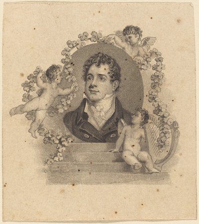 Porträtt av en ung gentleman omgiven av amoriner; Lord Byron? av British 19th Century