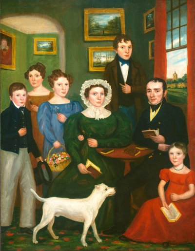 Porträtt av en okänd familj med en terrier av British 19th Century
