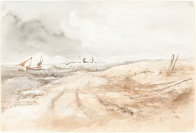 Strandscen med båtar i hackigt vatten av British 19th Century