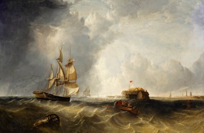 Ett segelfartyg och en roddbåt utanför Calais av British School