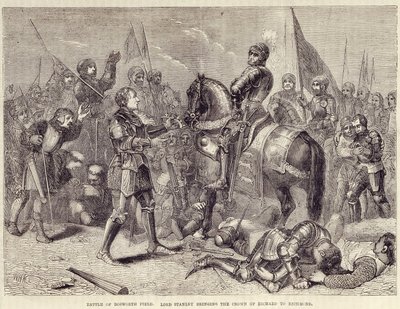 Slaget vid Bosworthfältet. Lord Stanley för med sig Richard III:s krona till Richmond (1485): slutet av kriget om de två rosorna - i "" Cassells illustrerade Englands historia", vol. II, av William Howitt av British School