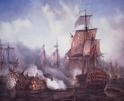 Slaget vid Trafalgar 1805 (färg litho) av British School