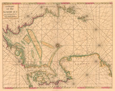 Sjökort över Nordsjön: Norge till Doversundet, ca 1700 (kolorerad gravyr) av British School