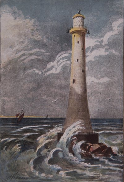 Eddystone Lighthouse, utanför Plymouth, sent 1800-tal (färg litho) av British School