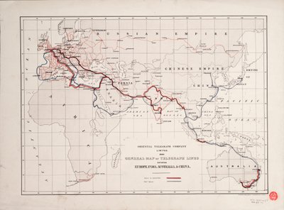 Översiktskarta över telegraflinjer mellan Europa, Indien, Australien och Kina av British School