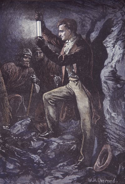 Humphry Davy med Davy säkerhetslampa för gruvarbetare, uppfann 1815 (handfärgad trägravyr) av British School