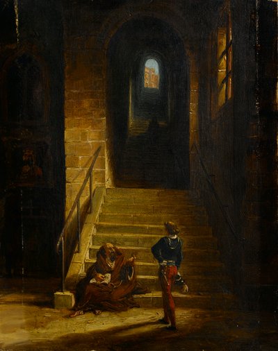 Interiör av ett slott, med en sittande munk, ca 1850 (olja på duk) av British School
