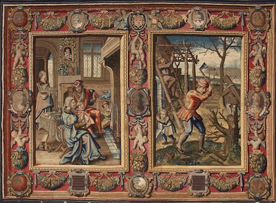 Januari och februari: "Ett par vid elden och en vedhuggare"" Gobeläng av tillverkarna av Mortlake. 1600-talsgener, Musei di Strada Nuova av British School