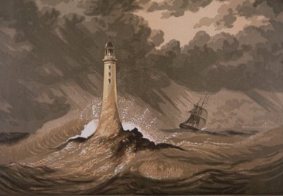 Fyren varnar skepp för stenar i storm till havs (färg litho) av British School