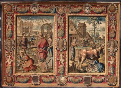 Mars och april: "jordbruksarbete och mjölkning av kor" Tapisseri av manufakturerna i Mortlake. 1600-talet Genes, Musei di Strada Nuova av British School