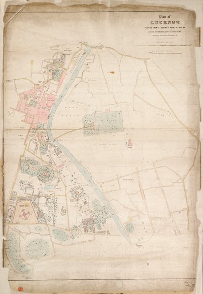 Plan över Lucknow, ritad efter en undersökning gjord 1856 av Lieut. Moorsom, 52nd. Löjtnant i infanteriet. (Presenterad av kapten Moorsom, C.E.), ca 1856 (siden, papper) av British School