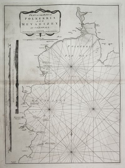 Plan över vikarna Polkerris och Mevagizey i Cornwall av British School