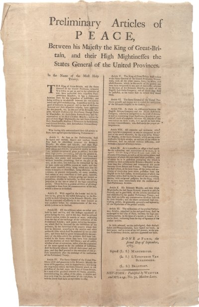 Preliminära artiklar om fred mellan...Storbritannien och...Förenade provinserna, 2 september 1783 av British School