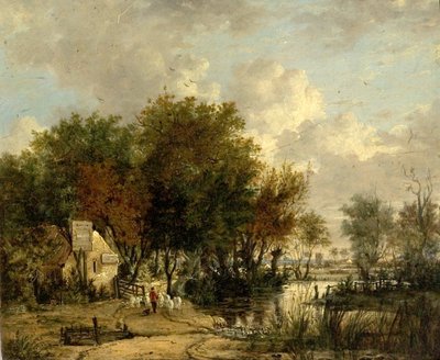 River Scene, pojke som kör får (olja på trä) av British School