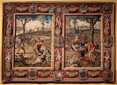 September och oktober: "jordbruksarbete och skörd" Tapisseri av manufakturerna i Mortlake. 1600-talet Genes, Musei di Strada Nuova av British School