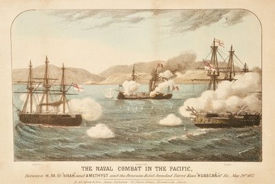Flottstriderna i Stilla havet mellan HMS "Shah" och "Amethyst" och den peruanska rebellen, Ironclad Turret Ram Huascar utanför Ilo, 29 maj 1877 av British School