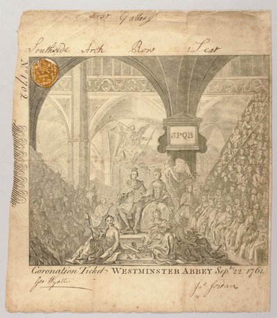 Biljett till George III:s kröningsceremoni i Westminster Abbey, graverad av George Bickham, 22 september 1761 (gravyr) av British School