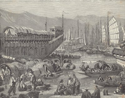 Fartyg i livlig hamn, Shanghai, Kina (gravyr) av British School