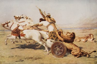 Nimrod, A Mighty Hunter, illustration ur "The Outline of History" av H.G. Wells, volym I, utgiven 1920 (färglitografi) av Briton (after) Riviere