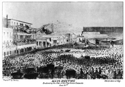Ett massmöte utanför Fort Vigilant, Sacramento, Kalifornien, 1856 1937. av Britton and Rey