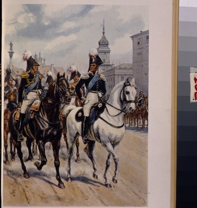 Kejsar Alexander I Pavlovich (1777-1825) med storhertig Konstantin Pavlovich av Ryssland (1779-1831). (Kejsar Alexander I med storhertig Konstantin Pavlovich av Ryssland). Verk av Bronislaw Gembarzewski (1872-1941), litografi. Fin polsk konst 1 av Bronislaw Gembarzewski