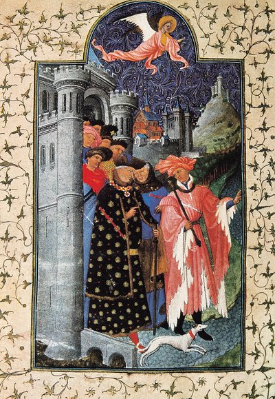 Hertig Jean de Berry (1340-1416) och hans fastighetsförvaltare. Miniatyr av Jean Limbourg (1370-1416) för ""The Tres Riches Heures du Duc de Berry"" Circa 1440 Paris. B.N. av Brothers Limbourg