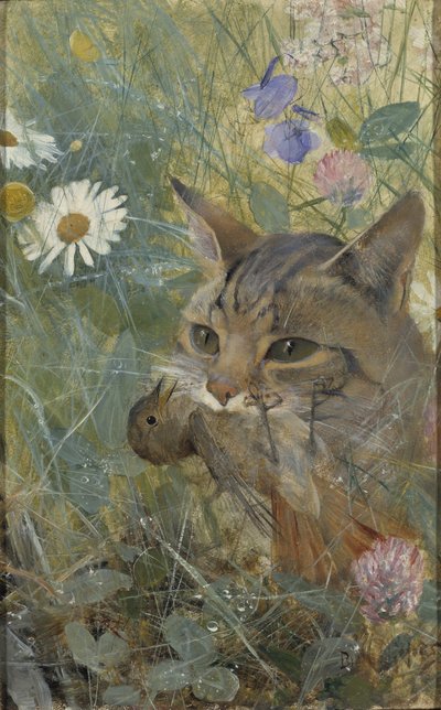 En katt med en ung fågel i munnen, 1885 av Bruno Andreas Liljefors