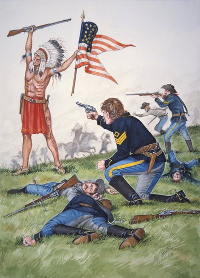 En siouxkrigare mot 7:e regementet av USA:s kavalleri i slaget vid Little Bighorn, 25 juni 1876, ur en serie om sex tavlor av Bryan Fosten