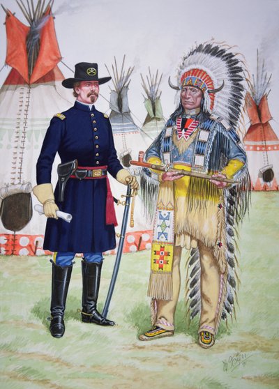 Hövding Red Cloud av Oglala Sioux erbjuder fredspipa till en officer från 5:e regementet av USA:s kavalleri vid undertecknandet av Fort Laramie-fördraget 1868, ur en serie om sex tavlor av Bryan Fosten