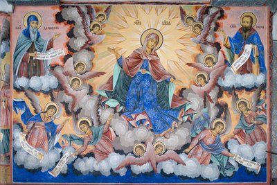 Bulgarien, Rilaklostret, fresk av Jungfruns ära i Jungfruns födelsekyrka av Bulgarian School