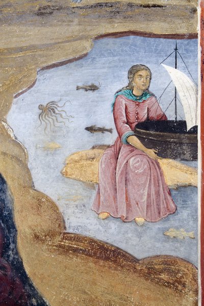 Bulgarien, Rilabergen, Rilaklostret, närbild av freskodetalj i Jungfru Maria födelsekyrka av Bulgarian School