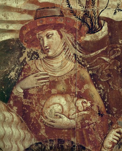En elegant dam håller en liten hund i famnen ... (fresco) av Buonamico Buffalmacco