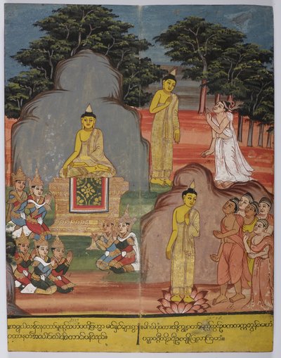 På vägen till hjortparken träffade Buddha fem asketer (mitten till vänster); vid rådjursparken höll han den första predikan. av Burmese School