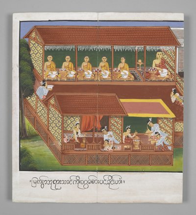 Eller. 13534, f.18, Munkar med skålar, Scener ur Buddhas liv (pergament) av Burmese School