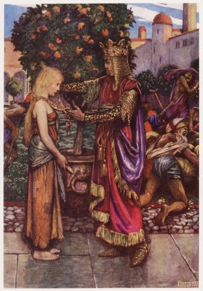"Kungen han kallade tillbaka henne igen, / Och till henne gav han sin kedja" (färg litho) av Byam (after) Shaw