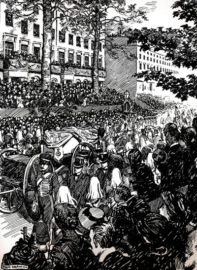 Kung Edward VIIs sista resa genom London: begravningscortegen i Piccadilly, 1910 1911 av Byam Shaw