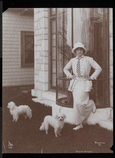 Billie Burke och två hundar på Burkeleigh Crest, hennes hus i Hastingson, New York, 1912 (silvergelatintryck) av Byron Company