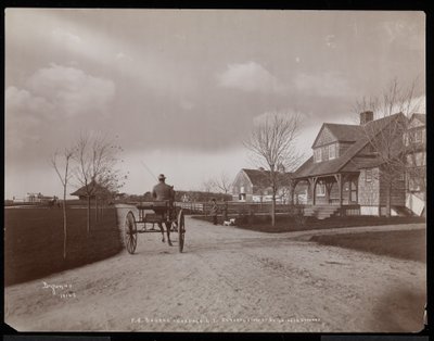 Översikt över hus och byggnader vid F.G. Bournes gods i Oakdale, Long Island, New York, 1900 (silvergelatintryck) av Byron Company
