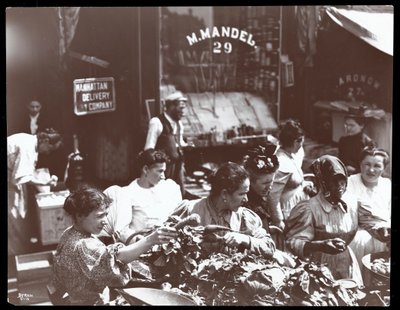 Vy över kvinnor som shoppar grönsaker från en handlare på Hester Street, New York, 1898 (silvergelatintryck) av Byron Company