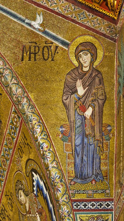 Apsid: Annonsera jungfru, bysantinsk mosaik med gyllene bakgrund i absidens tympanon (mosaik) av Byzantine