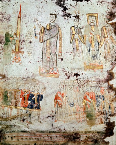 Bysantinsk konst: "" Ceremoni för välsignelsen av påskljuset i närvaro av eveque, medlemmarna av prästerskapet och herrarna (patricius) i staden Gaete (Gaeta) i Italien"" Miniatyr från "Exultet" från Museo i början av 1000-talet av Byzantine