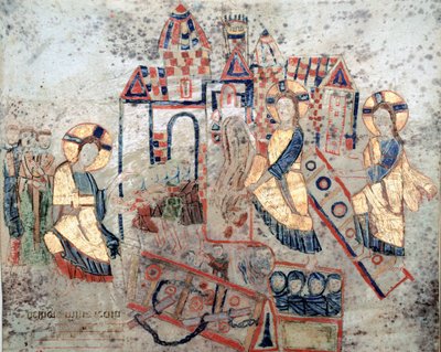 Bysantinsk konst: "" Representation av Frälsaren Kristus som skär ner underjordens portar, krossar Satan och befriar själar""" Miniatyr från "Exultet"" från början av 1000-talet Museo Diocesano, Gaeta av Byzantine