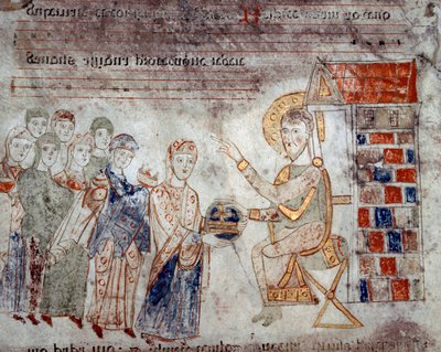 Bysantinsk konst: "" Representanterna för de olika imperierna hyllar Kristus med offer""" Miniatyr från "Exultet"" från början av 1000-talet Museo Diocesano, Gaeta av Byzantine