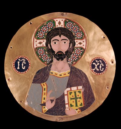 Bysantinsk konst: "" christ pantocrator"" (Kristus i ära) Jesu Kristi aureol är markerad med ett kors och kan läsas christogrammet ICXC - Emalj från 1000-talet Madrid, Museo Lazaro Galdiano - Bysantinsk konst: Kristus Pantocrator (Kristus) i Glory av Byzantine