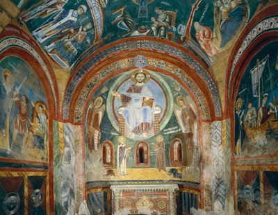 Kapell av Saint Eldrad och Saint Nicholas med romanska fresker i bysantinsk stil, sent 1000-tal, Novalesa Abbey, Piemonte, Italien av Byzantine