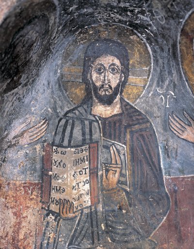 Närbild av en fresco av en pantokrator, Kristus Pantokrator, Zoupena, Sparta, Peloponnesos, Grekland av Byzantine