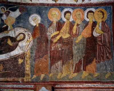 Jungfruns sovande bland apostlar, detalj, bysantinsk fresk (1200-talet), Gulsehir Karsi Kilise (S:t Johannes kyrka), Goreme (Unescos världsarvslista av Byzantine