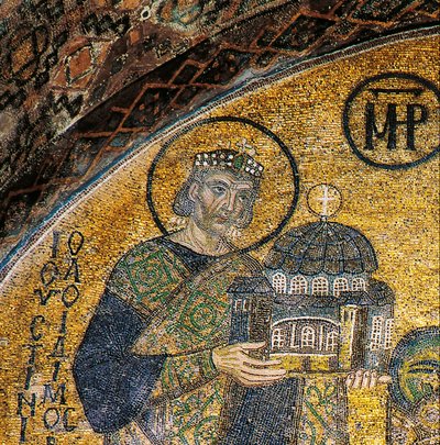 Kejsar Justinianus presenterar Hagia Sofia för jungfrun och barnet (mosaik) av Byzantine
