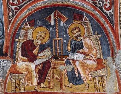 Evangelister Luke och Matteus skriver evangelier, Karanlik Kilise (Dark Church) (1100-1200-talet), Goreme (Unescos världsarvslista) av Byzantine