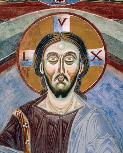 Ansikte av Kristus Pantocrator, Detalj av romanska fresker i bysantinsk stil, sent 1000-tal, kapellet Saint Eldrad och Saint Nicholas, Novalesa Abbey, Piemonte, Italien av Byzantine